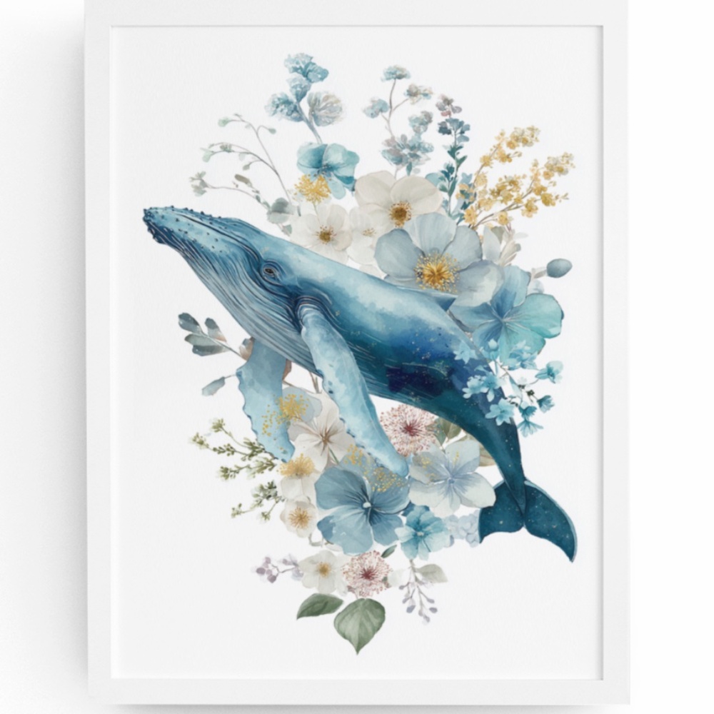Watercolor Floral Humpback Whale Portrait Wall Art Illustration Print Unframed